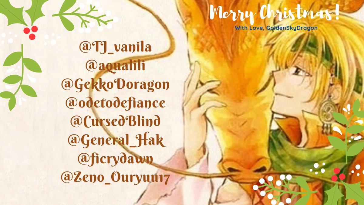 GoldenSkyDragon's tweet photo. Have a great holiday🎄

@TJ_vanila 
@aquaelili 
@GekkoDoragon 
@odetodefiance 
@CursedBlind 
@General_Hak 
@ficrydawn 
@Zeno_Ouryuu17 https://t.co/biKceaY1Bc