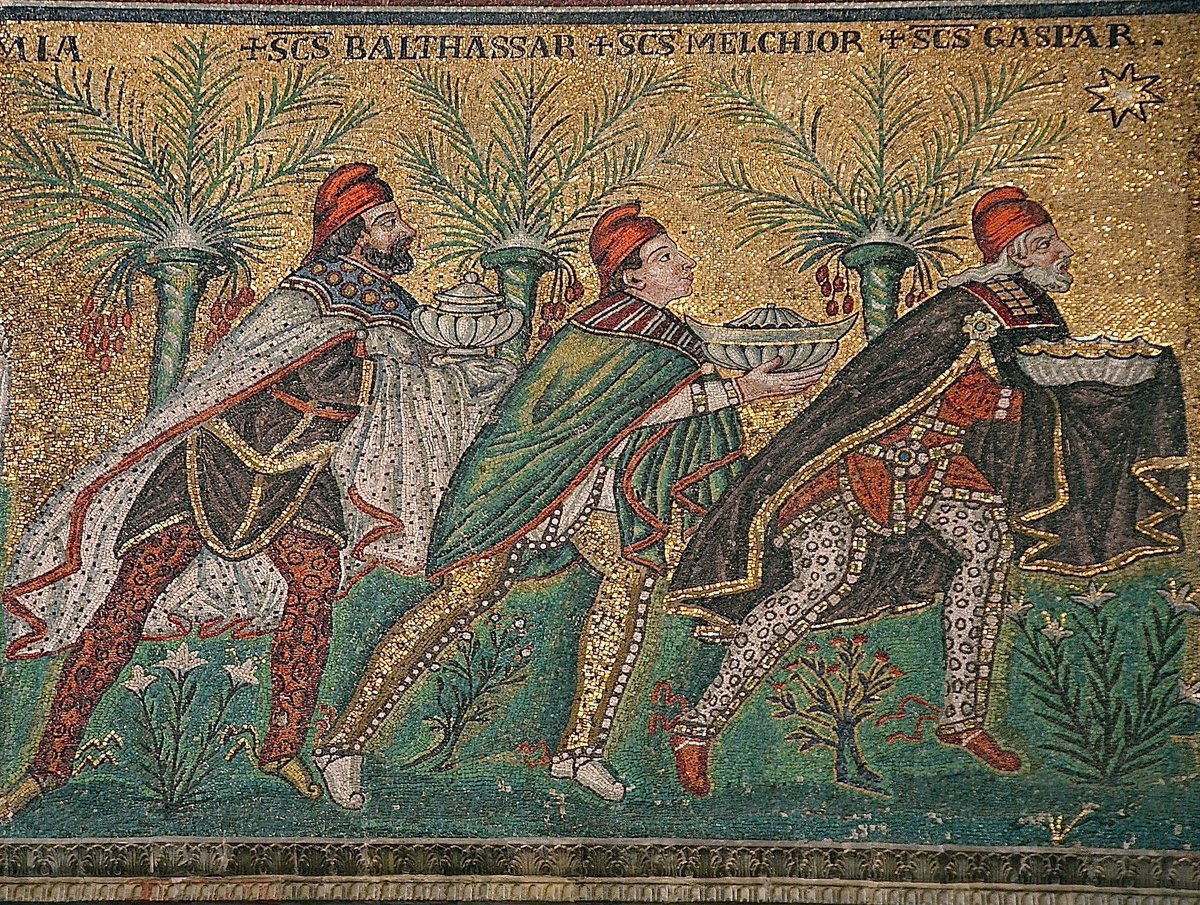Sant’Apollinare Nuovo, Ravenna, the Magi presenting their gifts (mosaic detail), late 6th century, wearing Persian dress, and Phrygian cap