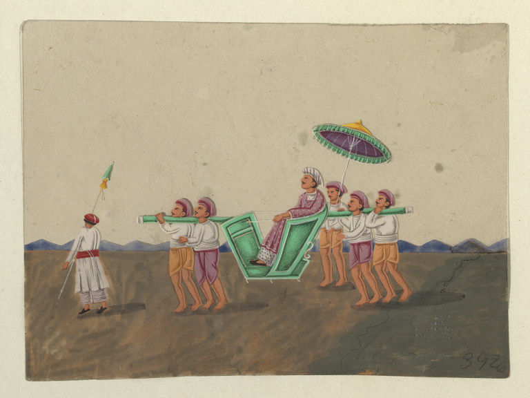 palanquin changed shape & size as per preferences of patronshere is more stylized into a chair, but carried by bearerspainting from Benares dtd ca.1860gouache on mica, company school painting @V_and_A