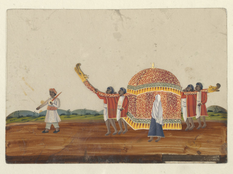 Chandol-palanquin? never heard?Benares, 1870, Gouache on mica paintingcompany painting @V_and_A gives this description: One of 40 paintings illustrating modes of transport, occupations, entertainers, ascetics & Muharram subjectsnote dragon head? either noble lady or courtesan