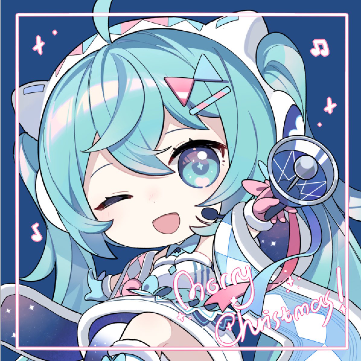 hatsune miku ,magical mirai miku 1girl one eye closed solo twintails long hair chibi smile  illustration images