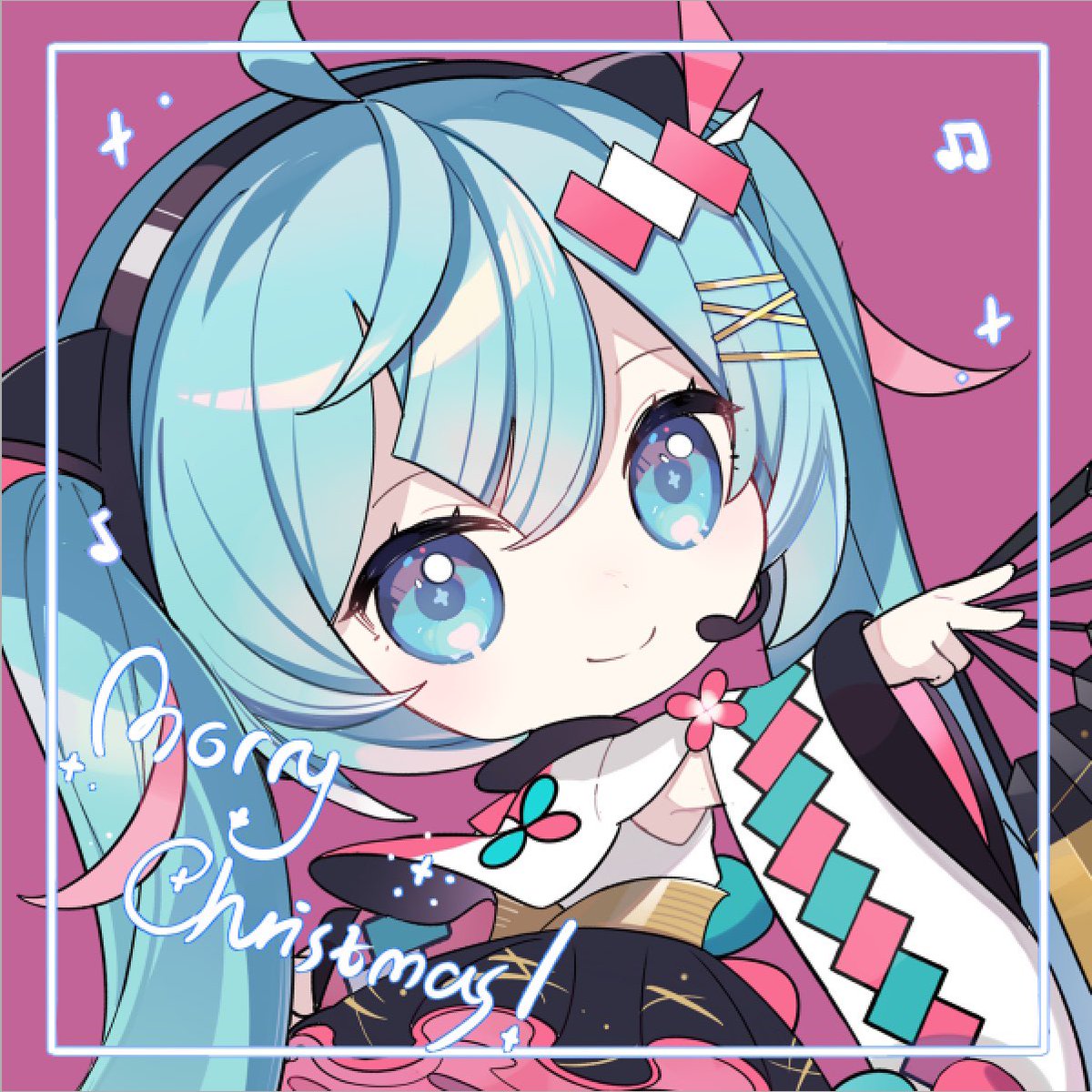 hatsune miku ,magical mirai miku 1girl one eye closed solo twintails long hair chibi smile  illustration images