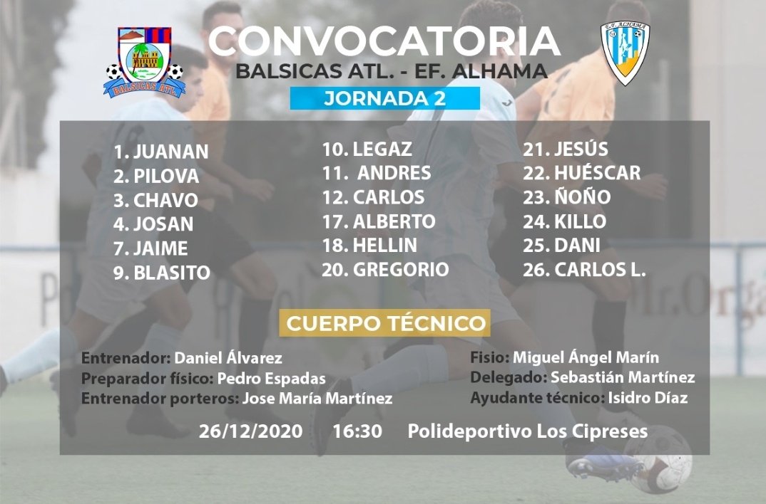 CONVOCATORIA 📣📣📣

Aquí están los 18 jugadores que han sido convocados para disputar la segunda jornada de Liga frente al <a href="/BalsicasA/">BalsicasAtletico</a>.