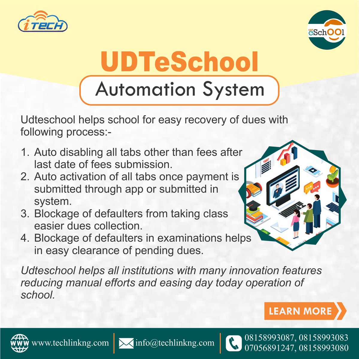 TechLink5's tweet image. UDTeSchool Automation System.
.
UDTeSchool helps school for easy recovery with lots of innovation features reducing manual efforts of school.
.
Click here: techlinkng.com
to learn more.