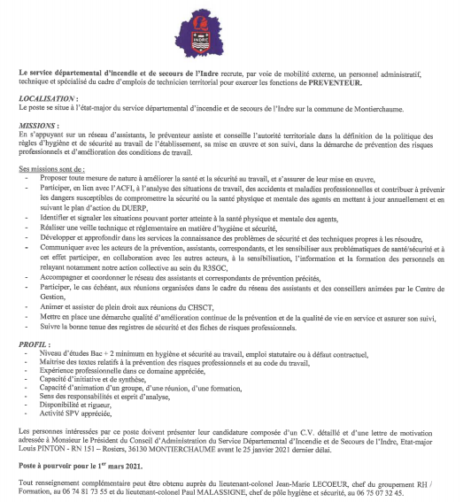 pompiers36's tweet photo. 📢🚒Les @pompiers36 recrutent un chef de salle #CTA_CODIS ainsi qu'un #préventeur ! Nous attendons vos #candidatures ! Pour plus d'informations : https://t.co/pHWUfnXBlu
https://t.co/Ij8UsW2l2c https://t.co/ewEtls08Jv