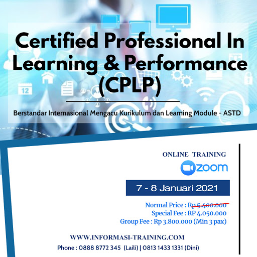 wartatraining's tweet image. TRAINING CERTIFIED PROFESSIONAL IN LEARNING &amp;amp; PERFORMANCE (CPLP)
07 - 08 Januari 2021 Online Training Available
informasi-training.com/cplp-certified…

Phone: 0858-82-82-82-25 (Laili)
Whatsapp: bit.ly/WartaTraining.…

#cplp #professionallearning #professionalperformance #informasitraining