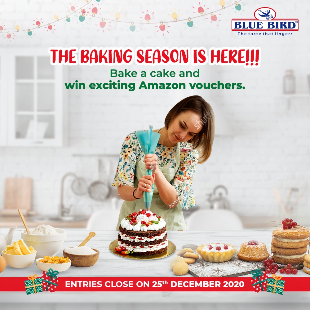 BlueBirdFoodsIN's tweet photo. Think you’re good at baking cakes? Then here’s a chance to win some amazing Amazon vouchers this Christmas. Just bake a cake, upload it on your page and tag us. Top 3 cakes will be announced as winners. Hurry up. Get baking. https://t.co/R54bZAXLtv