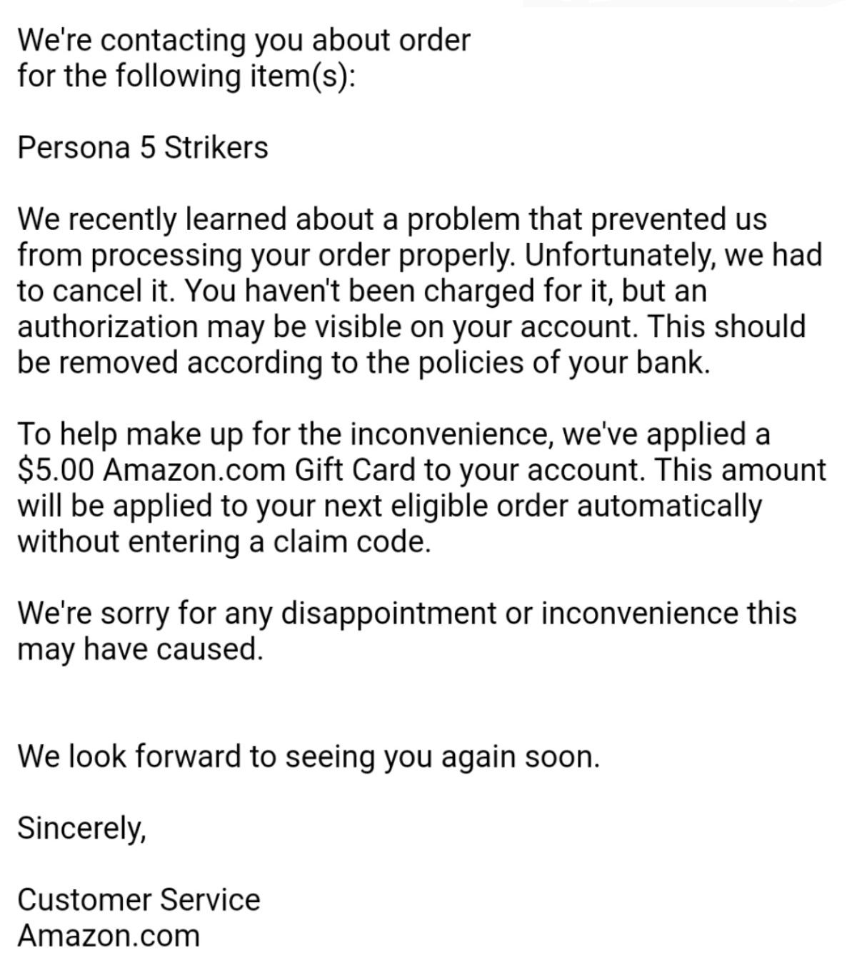Twitter 上的Wario64："Amazon has cancelled the $29.99 order for Persona 5  Strikers Switch/13 Sentinels PS4 mix-up listing and applied a $5 Amazon  gift card for the inconvenience. If you still want to