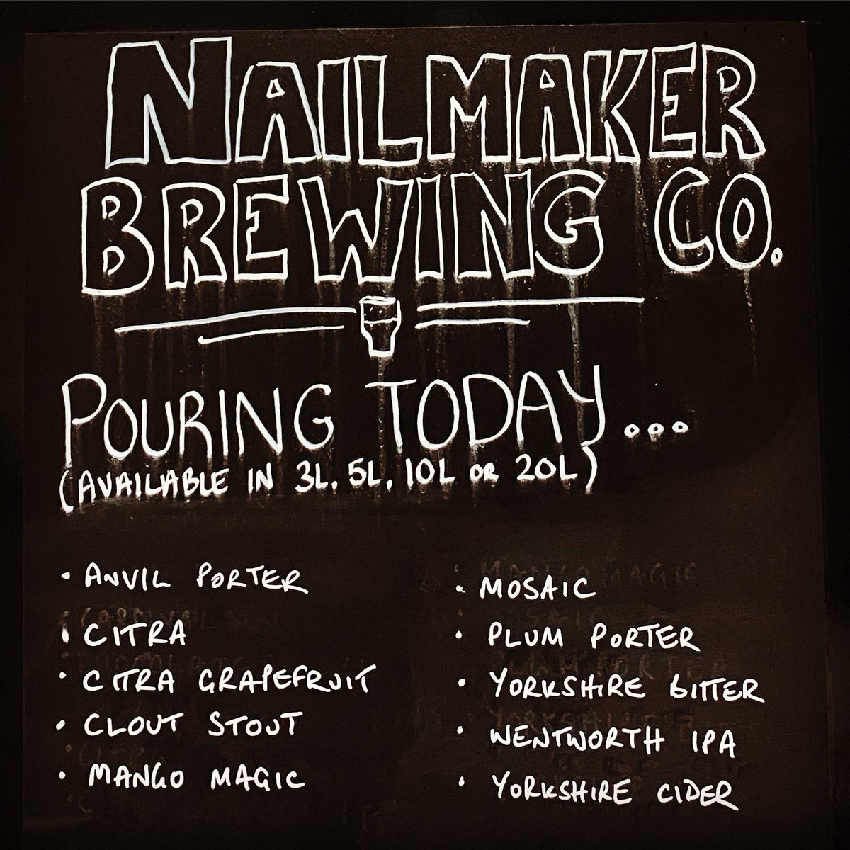 🍻🎄Happy Christmas Eve 🎄🍻

Here’s today’s pouring list and we’re here until 4pm for your Christmas beery needs 🍻🍻🍻

We kindly ask for orders before 12 noon (to reduce waiting times). Please order here:
01226 380893 
orders@nailmakerbrewing.co
nailmakerbrewing.co/our-beers/