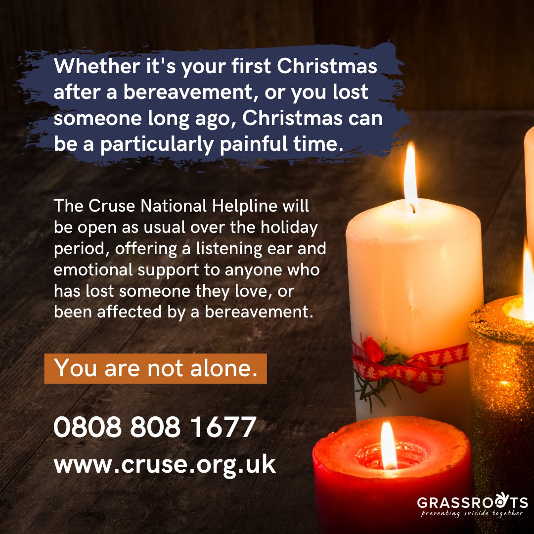 GrassrootsSP's tweet image. Christmas can be a tough time if you are grieving. 
But you are not alone. 

@CruseCare is available over the holiday period to provide support ❤️

You can call them free on 0808 808 1677 or message a bereavement expert via their online chat service 💬

cruse.org.uk