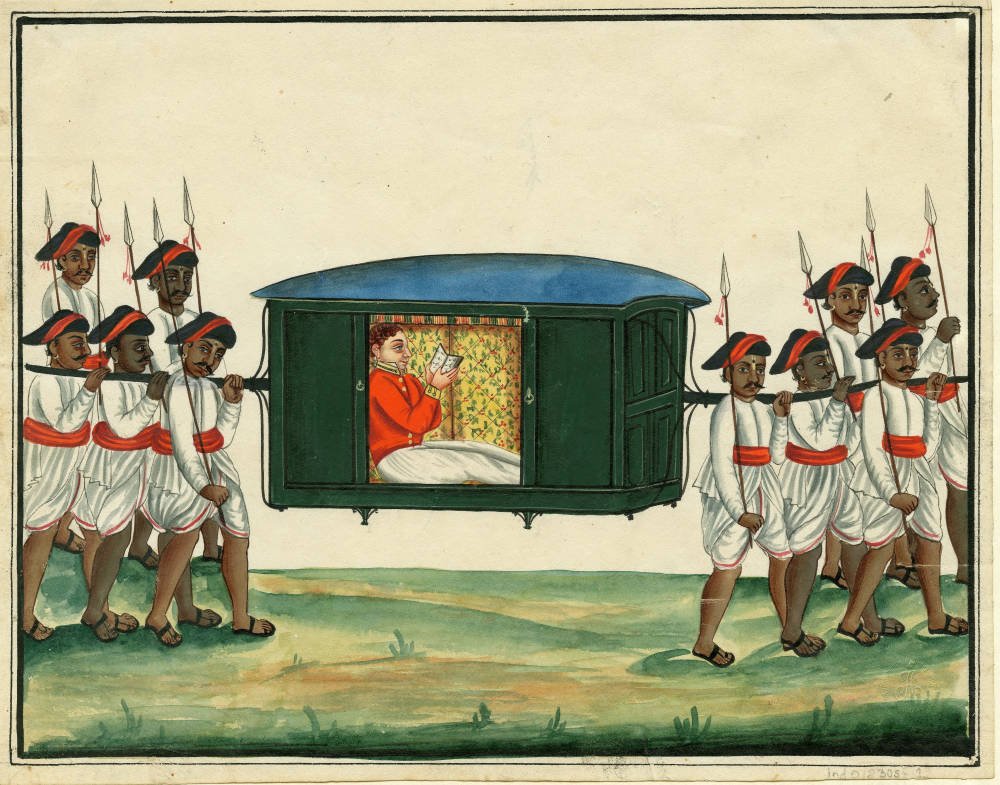 British officer in palanquin with Indian bearers c.1830. Watercolor, Unsignedofficer reading book in palanquin carried by 6 native bearers with spears & 4 guardsThe Anne S. K. Brown Military Collection, Brown University Library via victorianwebi doubt if its possible?