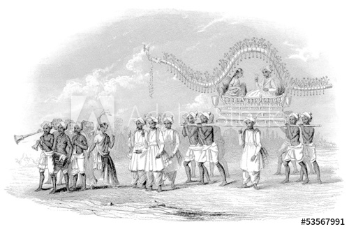 Palanquin, in traditional wedding, seems south india, bearers carry, while devdasi or nautch or dance party proceeds, such visuals were status symbol of that time, specially weddings, where to show off many such Extravaganza took place