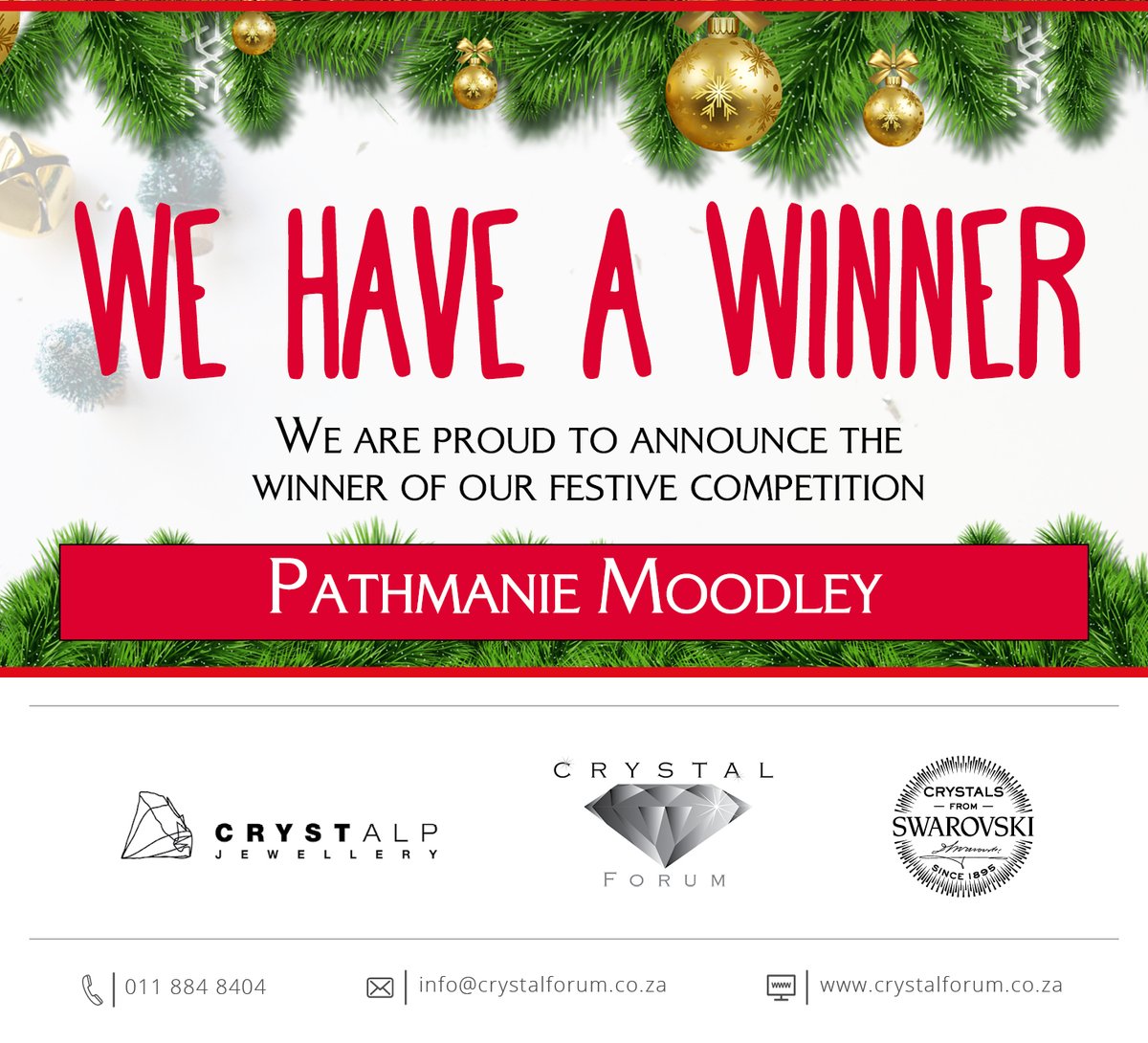 CrystalForumSA's tweet photo. WE HAVE A WINNER! We would like to congratulate Pathmanie Moodley on winning our lovely Swarovski Crystalp Festive Prize! Thank all of you for you liking and sharing for our competition and also stay tuned as we're gearing up for more specials and Competitions in the New Year! https://t.co/MgZvtXonv9