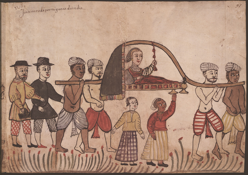 Palanquin has sad/cruel story too to tell?1540AD Portuguese illustration from Códice Casanatense, depicting a Portuguese woman on a palanquin, along with her retinueinscription reads: Honoured Portuguese people of India?? http://opac.casanatense.it/Record.htm?Record=19922910124917401929
