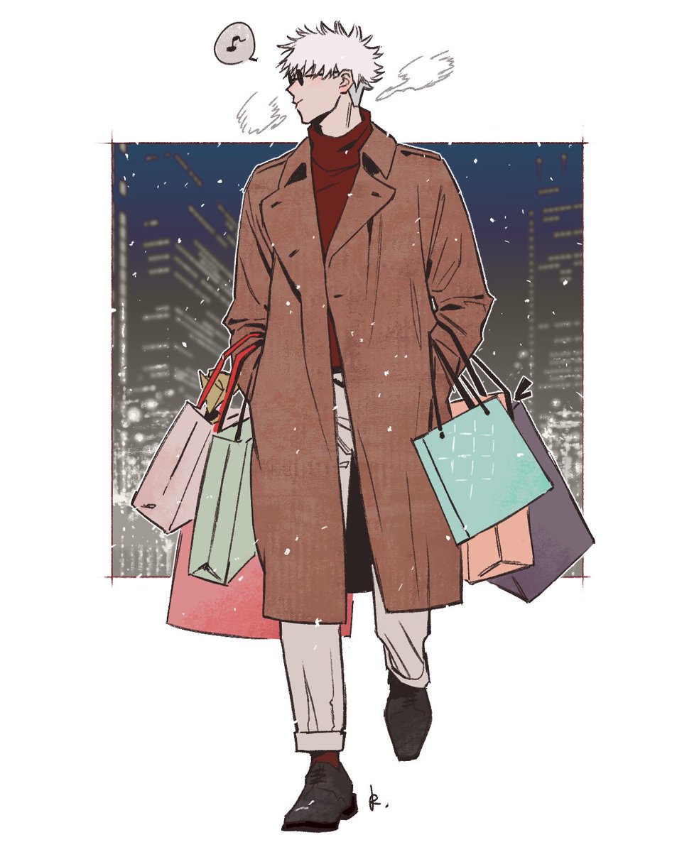 gojou satoru shopping bag 1boy male focus solo white hair bag holding bag  illustration images