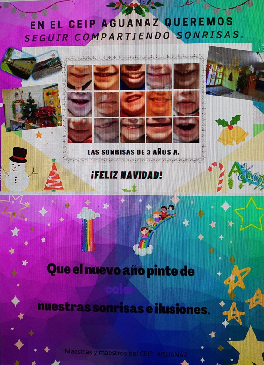 AguanazCeip's tweet photo. ¡Qué mejor forma de felicitar las fiestas que ver las sonrisas de nuestro alumnado! Con ellas os deseamos unas felices fiestas y un año lleno de salud e ilusiones. 
Maestras y maestros del CEIP AGUANAZ https://t.co/C4KrelMLuE