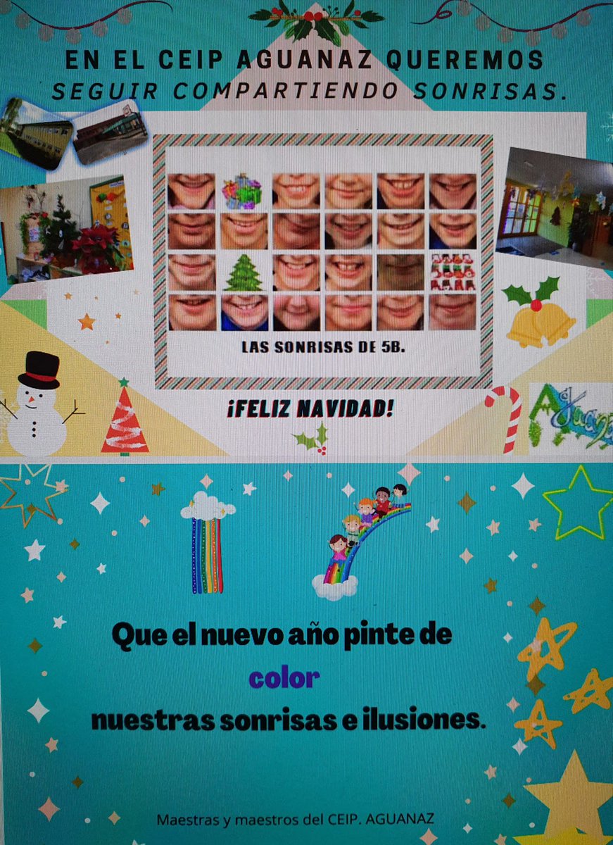AguanazCeip's tweet photo. ¡Qué mejor forma de felicitar las fiestas que ver las sonrisas de nuestro alumnado! Con ellas os deseamos unas felices fiestas y un año lleno de salud e ilusiones. 
Maestras y maestros del CEIP AGUANAZ https://t.co/C4KrelMLuE