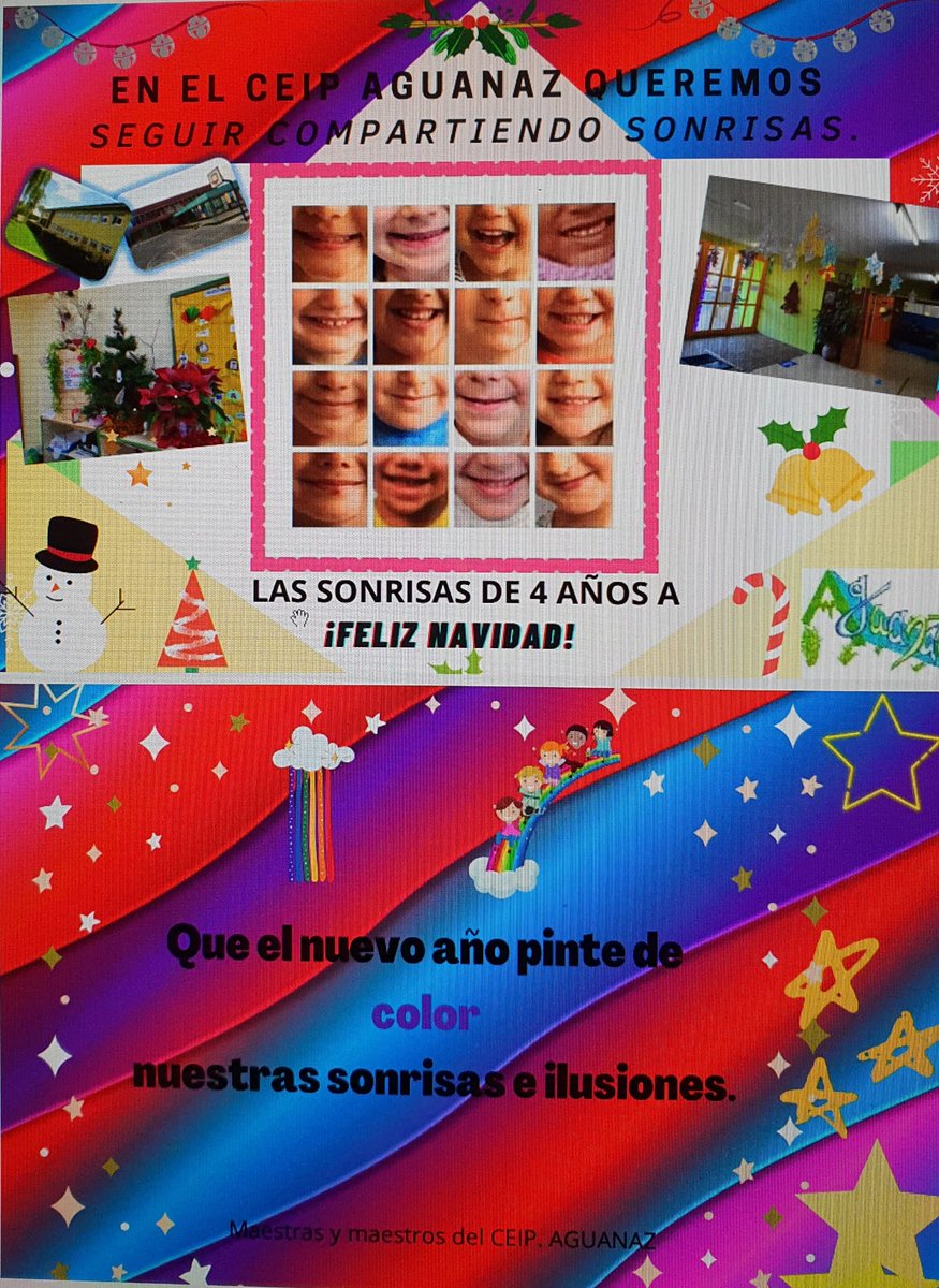 AguanazCeip's tweet photo. ¡Qué mejor forma de felicitar las fiestas que ver las sonrisas de nuestro alumnado! Con ellas os deseamos unas felices fiestas y un año lleno de salud e ilusiones. 
Maestras y maestros del CEIP AGUANAZ https://t.co/C4KrelMLuE