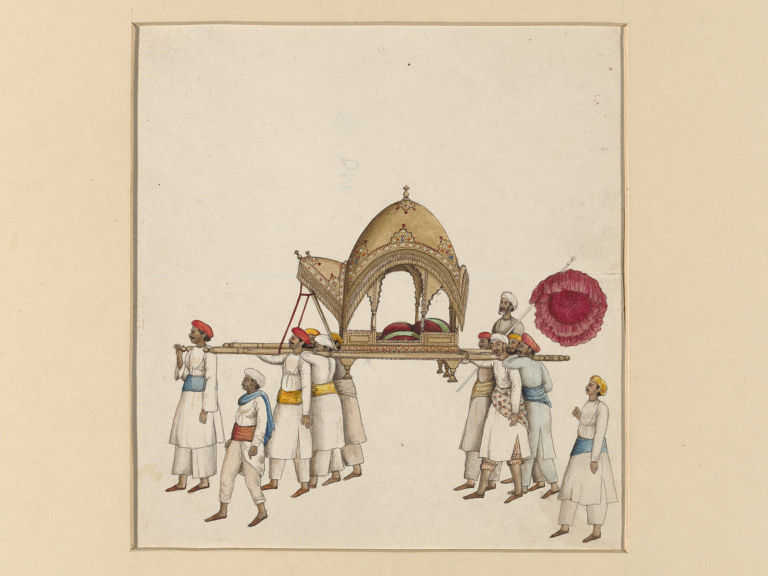 Mughal emperor's ceremonial procession on Id painting possibly by Mazhar Ali Khan & dated 1840, during reign of Bahadur Shah II (r.1838-1858)shows an empty covered sedan Palanquin for queen/ ladies of 1st rankcarried by 9 men, 3 attendants  @V_and_A