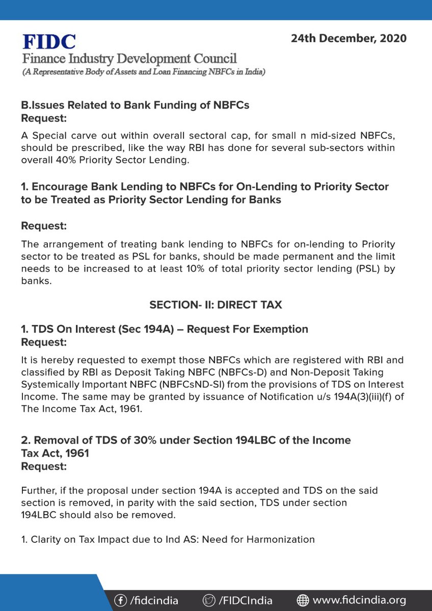 FidcIndia's tweet photo. FIDC Pre-budget memorandum 2021-22: Suggestions for the healthy growth of NBFCs.
#FIDC #NBFC #RBI #LiquiditySupport #DirectBanking #TDS #MSMEs #IncomeTax #NonBanking #Banks #CBDT
@FinMinIndia @nsitharamanoffc @RBI @DasShaktikanta @RBIsays https://t.co/FWj0tIr6XH