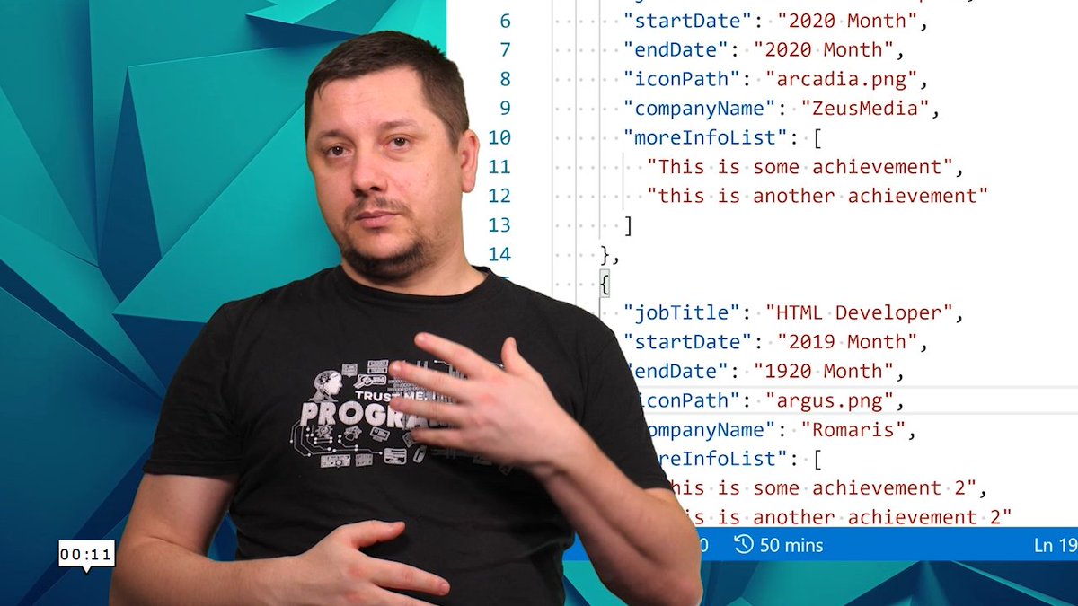 youtu.be/6VTBbCz1XUw
040 Define the data structure of the experience section

We want to identify from our wireframe what data entities we want to have and write a basic JSON file with some dummy data to have a starting point.