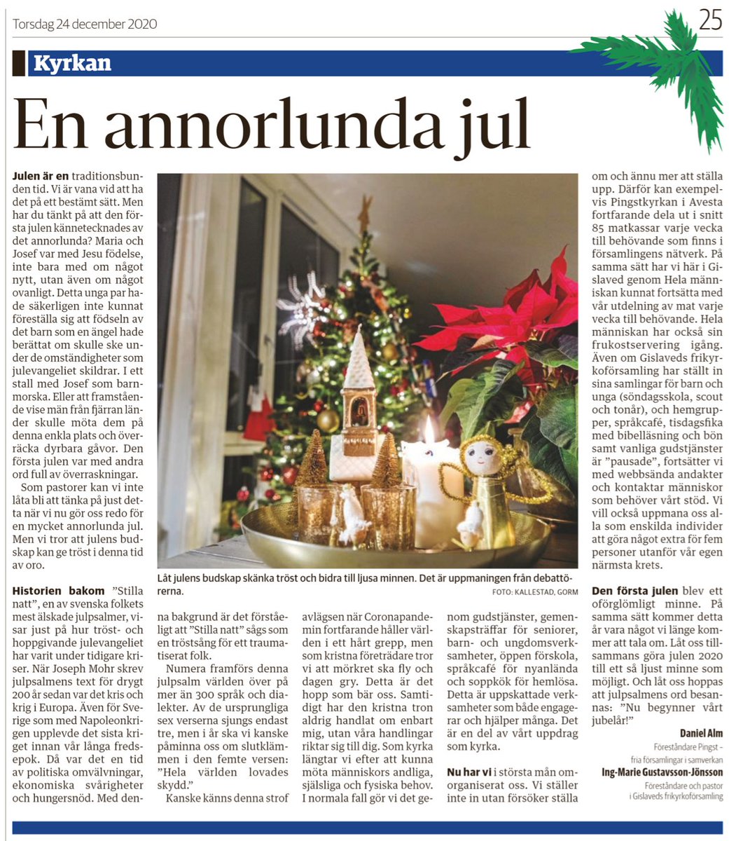 Skriver tillsammans med Ing-Marie Gustavsson-Jönsson, Gislaveds frikyrkoförsamling, i Värnamo Nyheter idag på julafton.