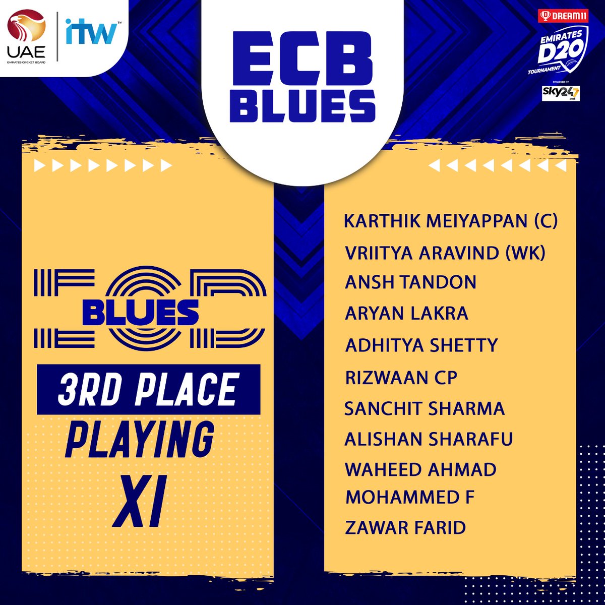 EmiratesCricket's tweet photo. . @Dream11 #EmiratesD20 #Dubai v #ECBBlues #PlayingXI https://t.co/SKCdakfoua