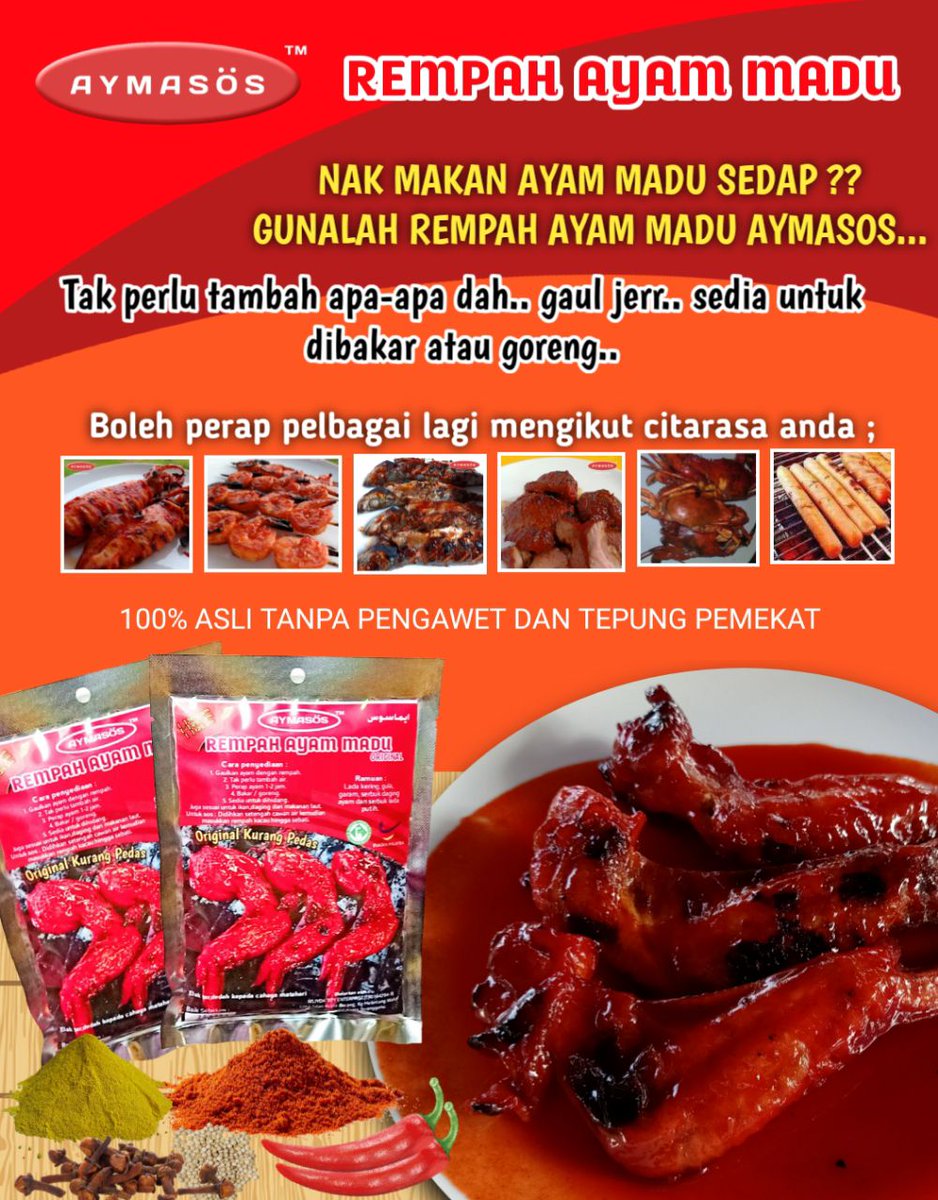 AymasosOhsem's tweet photo. REMPAH AYAM MADU SUPER SEDAP!!!👍👍👍👍👍👍
Sekali cuba pasti nak lagi dan lagi bak kata customer, tak jemu jemu😋😋

Siapa nak?? 
🌸Sesuai untuk super mommy yang busy kerja...Pagi boleh perap ayam@ daging@ seafood, masuk peti ais. 

Mudahkan? https://t.co/XfW2Aul9bH