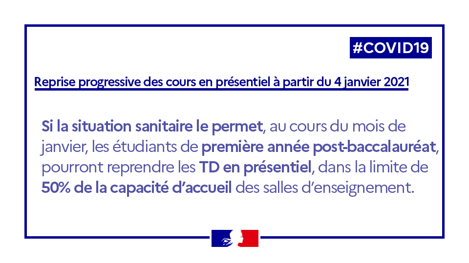 sup_recherche's tweet photo. #Covid19 | En complément de la poursuite de certains TP (depuis le 30/10) et des groupes de 10 étudiants accueillis sur convocation, reprise progressive des TD en présentiel pour les étudiants de première année post-baccalauréat courant janvier👉https://t.co/F8bskRyZit https://t.co/XDC0wJ3Qlo