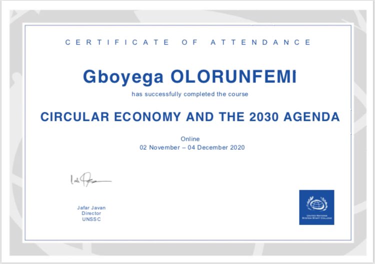 gboyenautics's tweet photo. #CIRCULARECONOMY
It’s was 5 weeks of virtual learning experience & exposure to qualitative, and comparative studies of #CircularEconomy at @UNSSC @UNSSCBONN
Let’s regenerate natural system, design out waste & pollution to keep products and materials in use. #CE2020 @ossap_sdgs https://t.co/MU1J6XeTm7