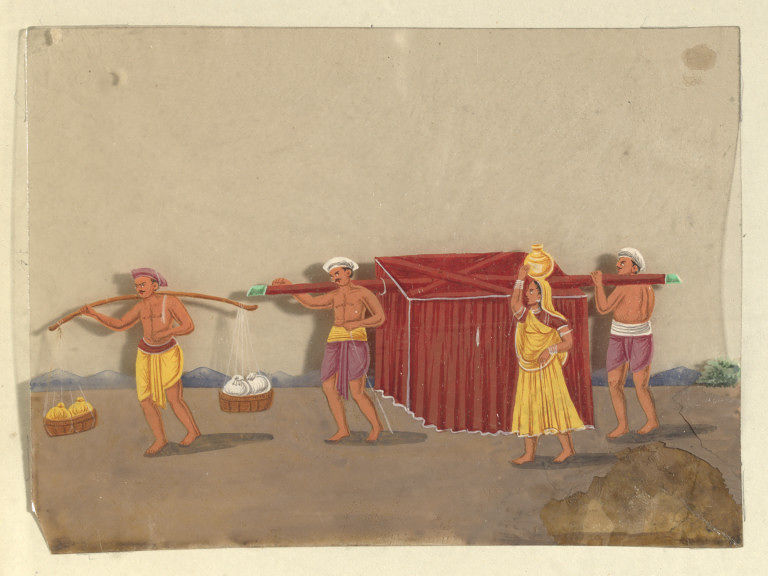another from Benarespainting of Palanquin 1860, Gouache on mica from  @V_and_A museum covered from all side by purdah, indicates some lady traveling, bearers, a lady with pot & a banghy-wallah? what you call it now?