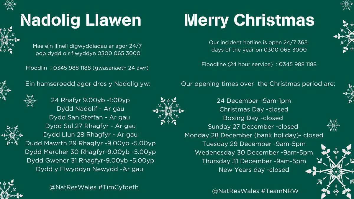 📣 Dyma fydd oriau agor Cyswllt Cyfoeth dros gyfnod y Nadolig eleni. 

📞Cofiwch y bydd yn dal yn bosibl ichi roi gwybod am ddigwyddiadau inni 24/7 drwy ffonio ein Canolfan Cyfathrebu Digwyddiadau ar 0300 065 3000

🎄🎅 Nadolig Llawen gan #TîmCyfoeth