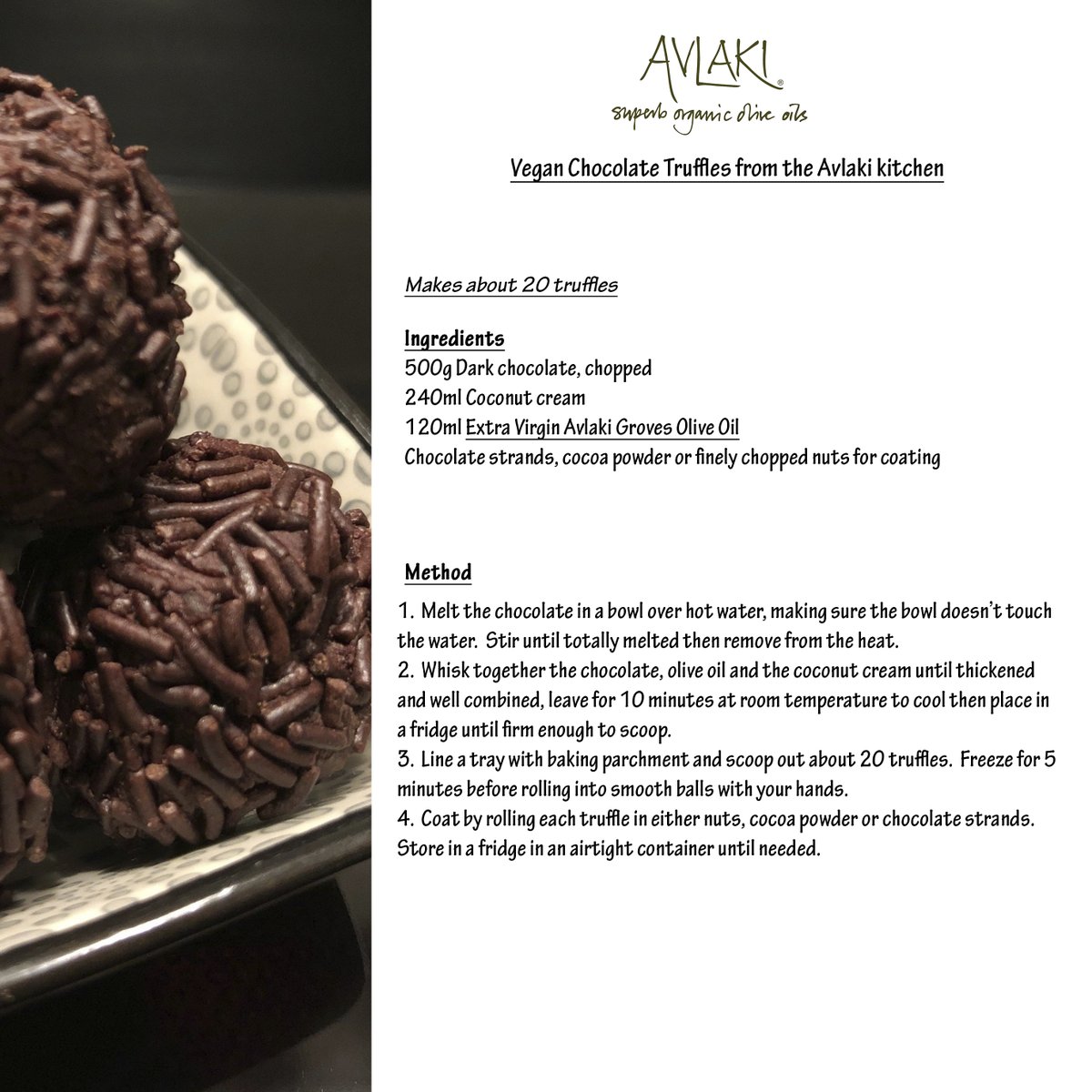 #Vegan #Chocolate Truffles #recipe using our Extra Virgin Avlaki Groves Olive Oils
ow.ly/B9wE50CkUBC