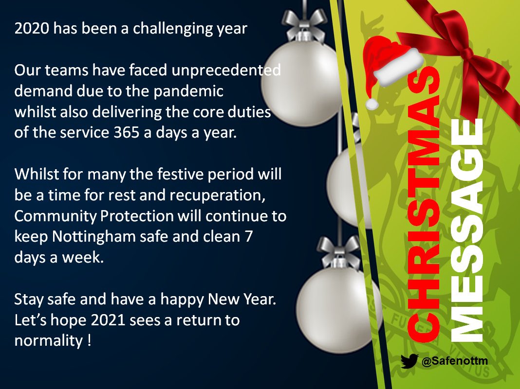 REACTNottingham's tweet photo. @REACTNottingham would like to wish everyone a merry Christmas and a Happy New Year!

To round up the year, here is some of the things we have done in 2020.

🔹School Patrols: 476
🔹streets patrolled: 351,628
🔹Flytips: 213
🔹FPNs: 104
🔹Alcohol confiscations: 239 https://t.co/wZ9w2a8RGl