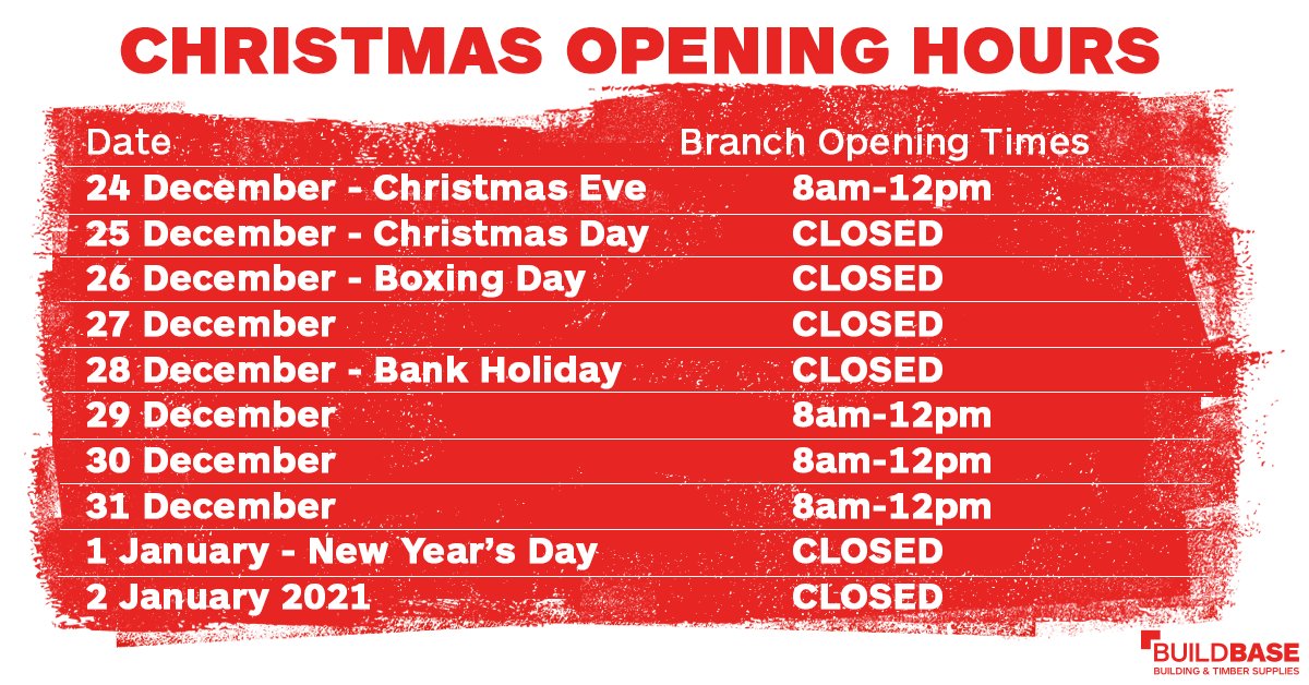 BuildbaseUK's tweet photo. Please find our Christmas and New Year opening hours below! 🎄🕒
Our branches will remain open in all Tier 4 areas. Our showrooms in Tier 4 areas are open to Trade customers only. https://t.co/oydH2PLYdE