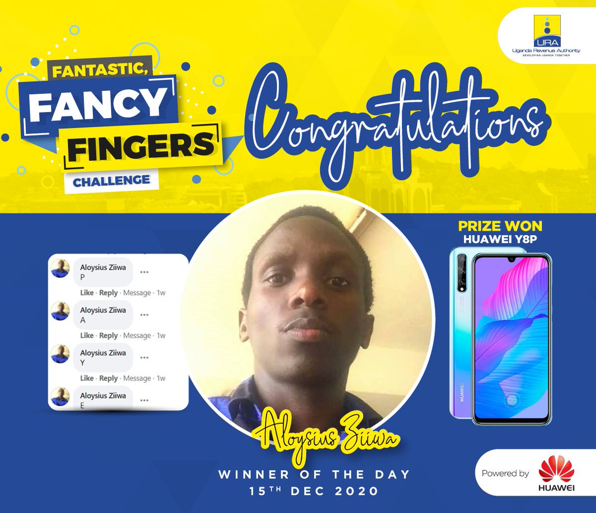 URAuganda's tweet photo. And just like that, Aloyzious Ziiwa gets to celebrate Christmas with a brand new Huawei Y8P courtesy of the Taxpayers Appreciation Season partners @Huawei Uganda for the day 15th December, 2020.
Thank you all for participating.
#TPAS20
#FancyFingersChallenge https://t.co/JNn5YZZHCE