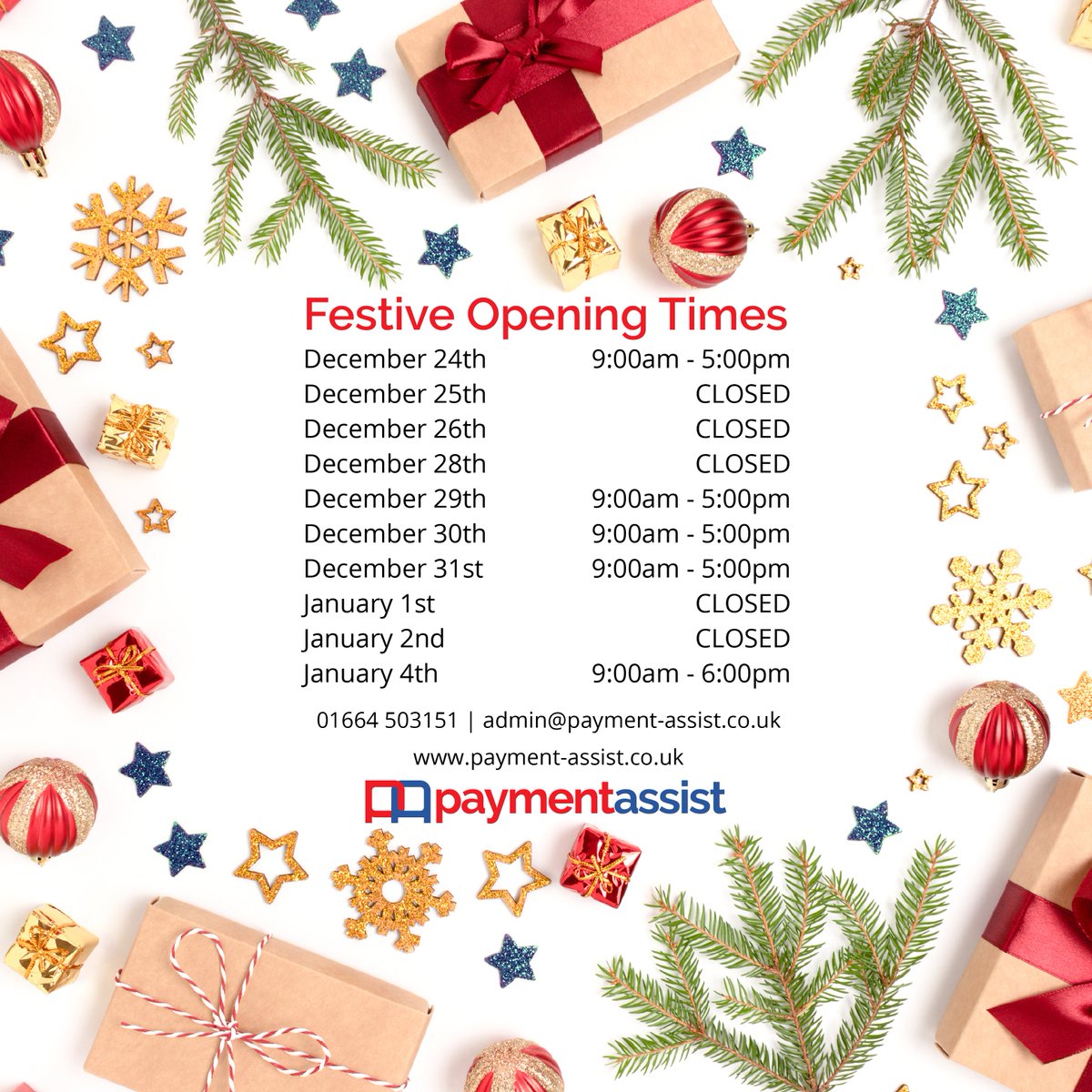 Here are our opening times over the festive season. Please get in touch if you do need any assistance, our merry team will be here to help.