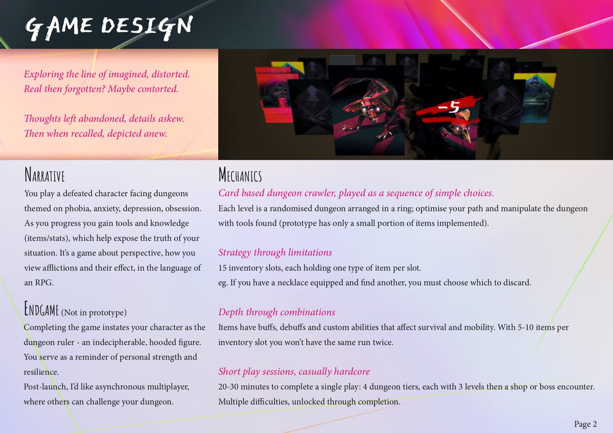 We were 1.5 years into development with a solid 5-10 minute demo, which I couldn't have made without savings, freelancing and govt funding.Soon after starting the project I saw  @FilmVictoria had a govt funding round.~3 months into solo dev I applied, here's a few pitch pages.