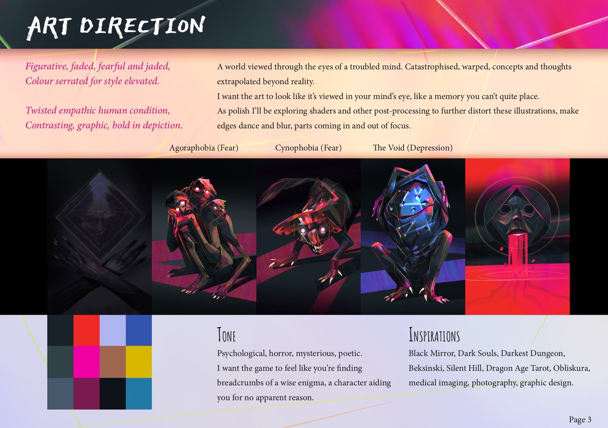 We were 1.5 years into development with a solid 5-10 minute demo, which I couldn't have made without savings, freelancing and govt funding.Soon after starting the project I saw  @FilmVictoria had a govt funding round.~3 months into solo dev I applied, here's a few pitch pages.