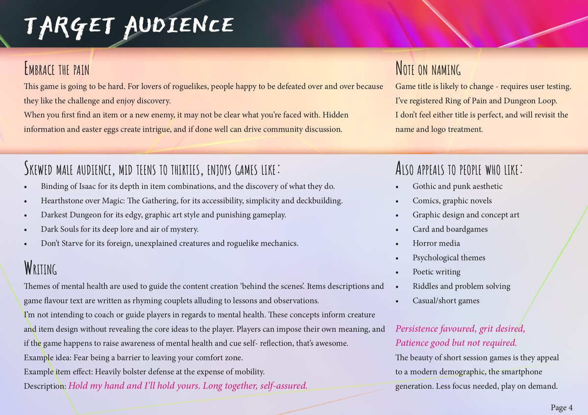 We were 1.5 years into development with a solid 5-10 minute demo, which I couldn't have made without savings, freelancing and govt funding.Soon after starting the project I saw  @FilmVictoria had a govt funding round.~3 months into solo dev I applied, here's a few pitch pages.