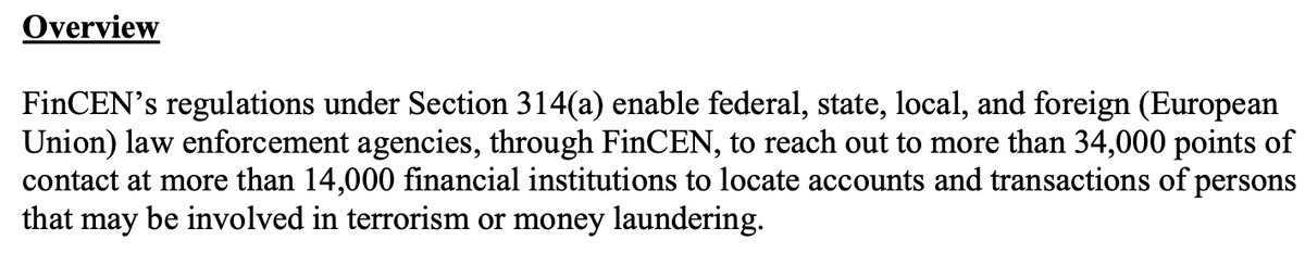 10/ So the agents did what they often do, when a SAR piques their interest for a minute or two.They reached out to Wells Fargo using Section 314(a), and asked for extra info without delay.