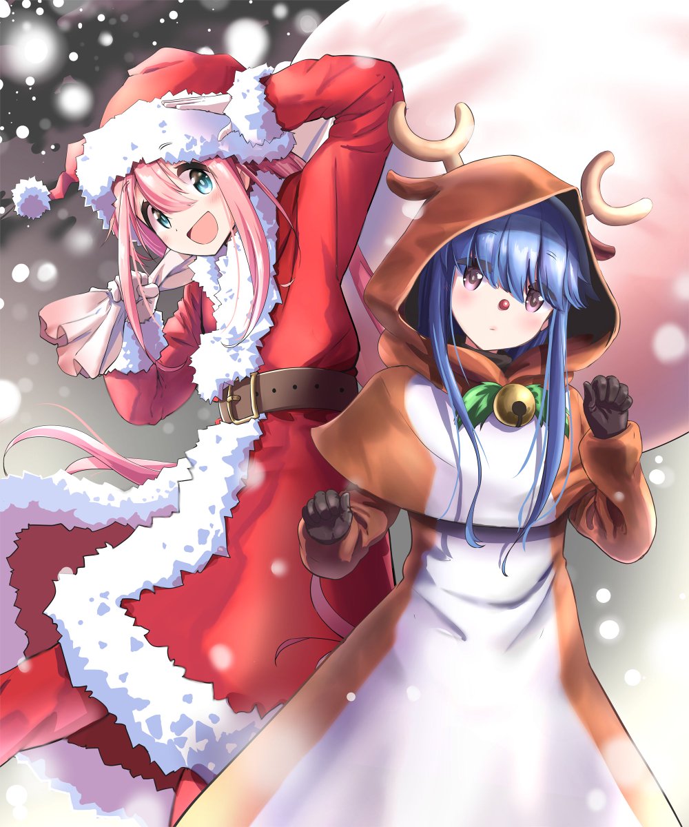 kagamihara nadeshiko ,shima rin multiple girls 2girls pink hair blue hair hat santa hat gloves  illustration images