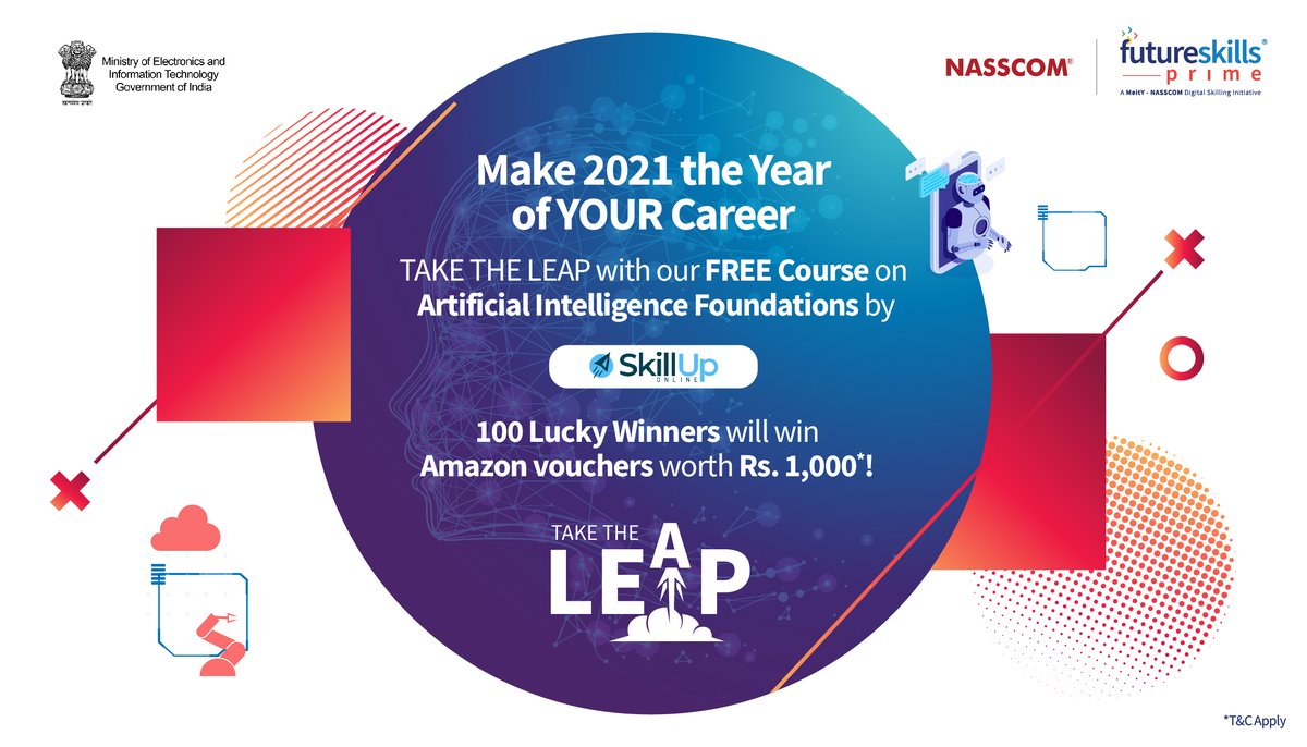 nasscomfs's tweet image. #TAKETHELEAP on @fsprimeofficial with our FREE course on ‘Artificial Intelligence Foundations’ by @SkillUp_Online &amp;amp; win an Amazon voucher worth Rs.1,000! 
Steps: Register on FutureSkills Prime bit.ly/3aFnKW6 &amp;amp; Share details bit.ly/2KMPgpM. #Contest #ContestAlert