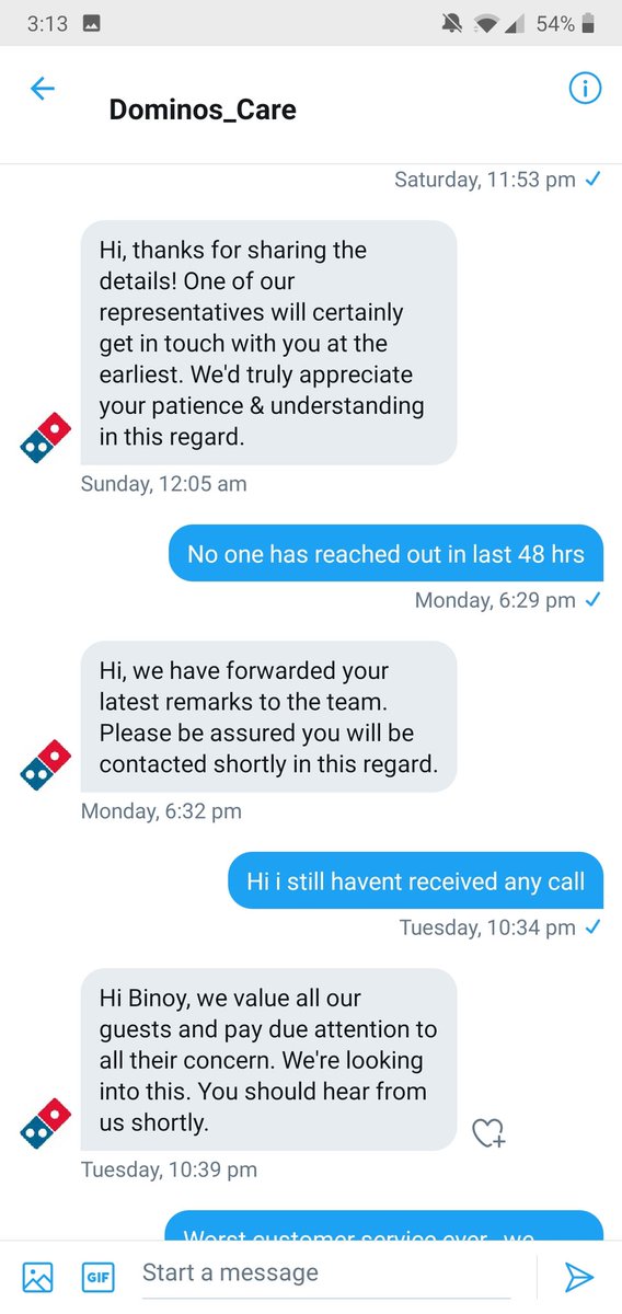 jac_bin's tweet photo. From last Sunday they have messaged one of our representative will call you. Its been 5 days no calls no message. #worstsupport #worstpizza @CareDominos #customersentiments https://t.co/IR4gHJCSrN