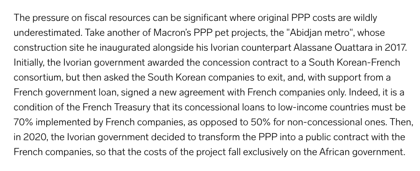 Ivory Coast, one of Macron's pet PPP projects has become  a white elephant, very expensive for the taxpayer, yet very profitable for the French companies.