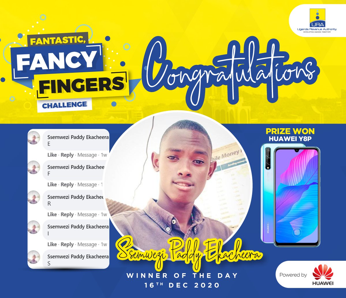 URAuganda's tweet photo. Ssemweezi Paddy Ekacheera gets to celebrate Christmas with a brand new Huawei Y8P courtesy of the Taxpayers Appreciation Season partners @Huawei Uganda for acing the #TPAS20 Fancy Fingers Challenge of 16th December, 2020.
Thank you all for participating.
#TPAS20 https://t.co/31w9VpPrhp