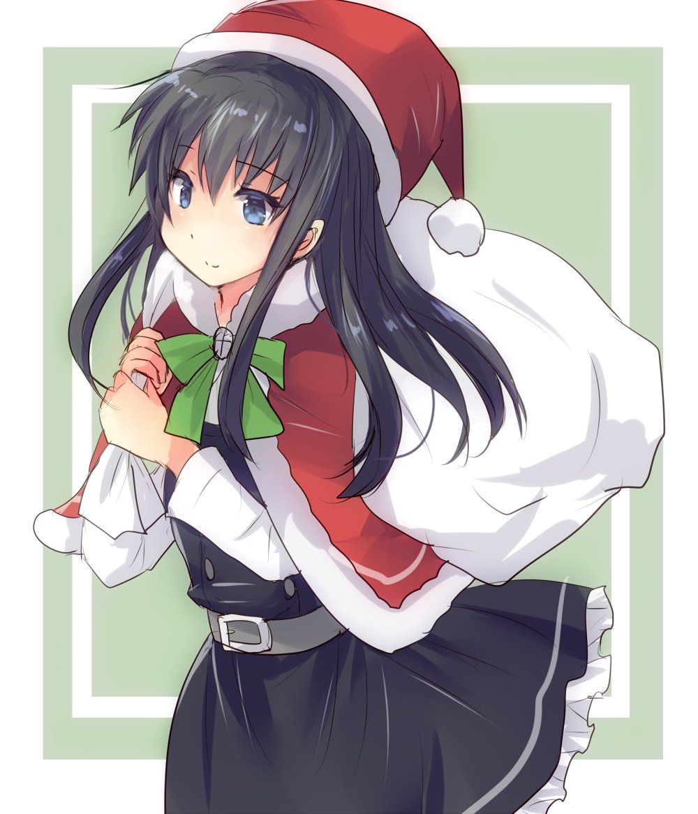 asashio (kancolle) 1girl black hair solo long hair hat santa hat blue eyes  illustration images