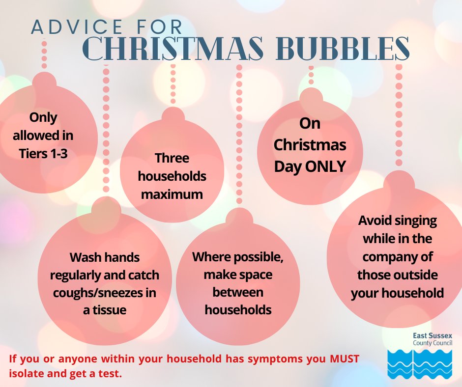 Give cheer not Covid this Christmas. Please stay safe and celebrate Christmas sensibly. If you are part of a Christmas bubble it's a good idea not to meet with anyone else to limit your social contacts 

ow.ly/56Cy50CTgza
#EastSussexTogether