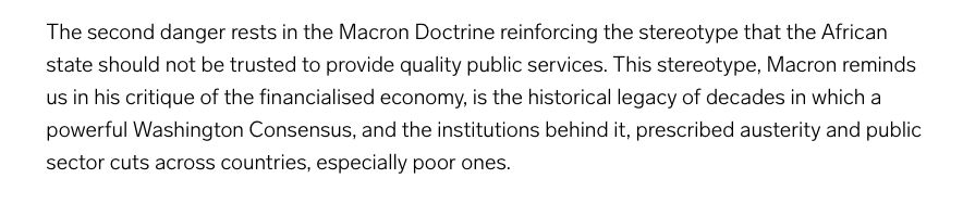 Three dangers in this new Bargain:1. Post Covid pressure on African governments to extend safety net for private investors in ‘development’ asset classes.2. Macron Doctrine reinforces stereotype that African state should not be trusted to provide quality public services.