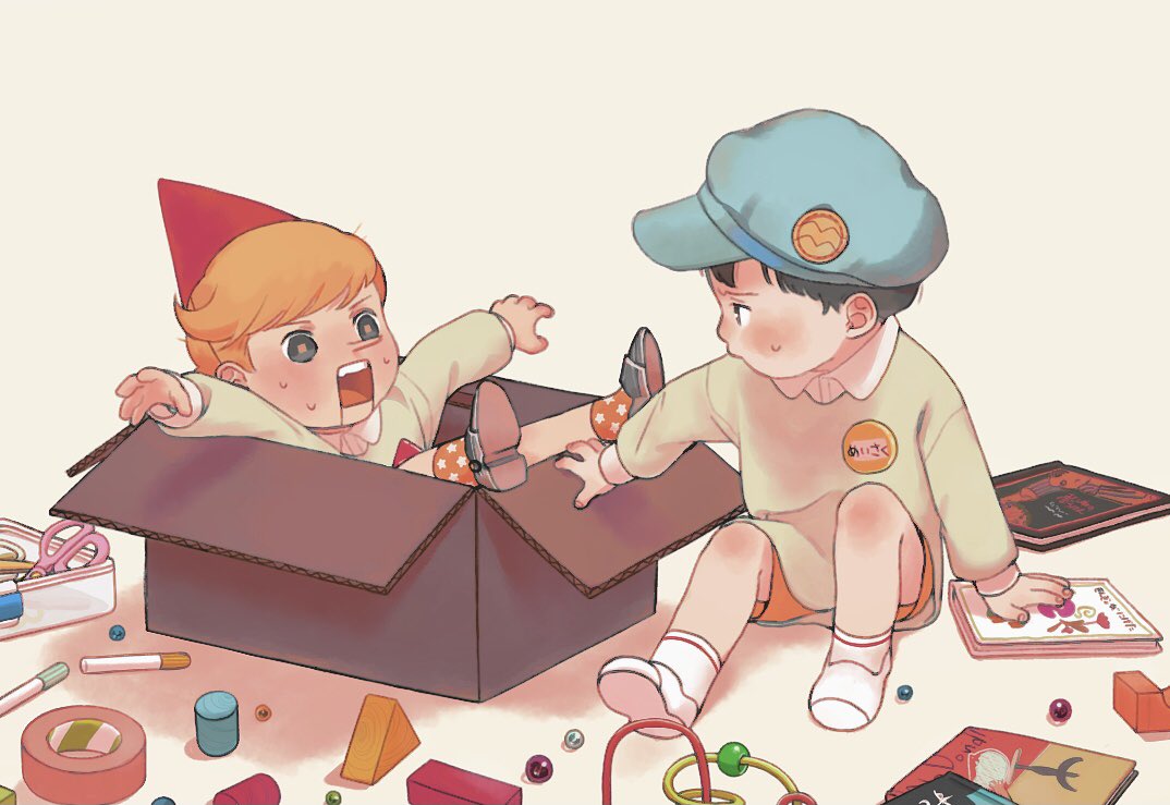 年齢操作楽しい ダンボール箱に入ったら自力じゃ出られなくなったノキとそれを見 こゆびのイラスト